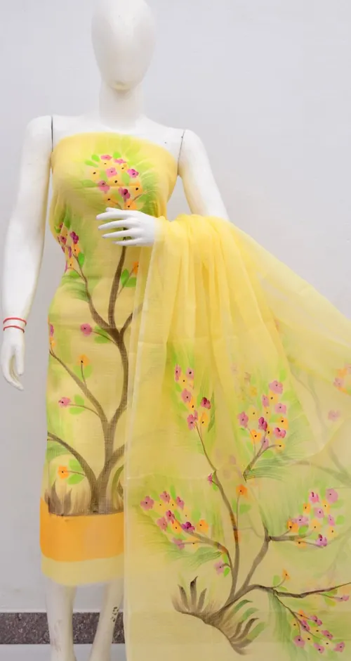 Graceful Kota Doria Dress Material with Hand Brush Print Work – Lightweight Elegance in Every Thread